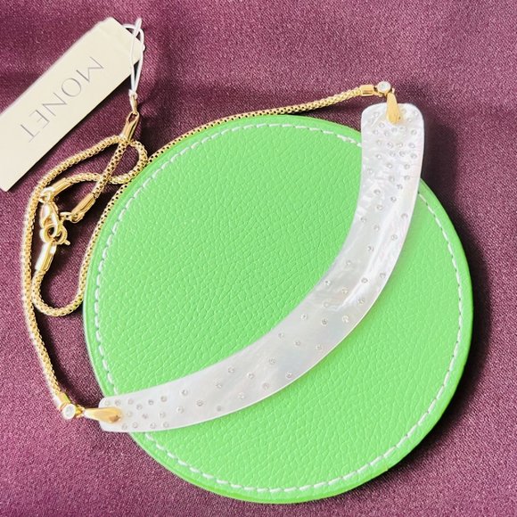 Vintage MONET Natural Rainbow Mother of Pearl Shell Choker Necklace w/Rhinestone - Picture 1 of 7